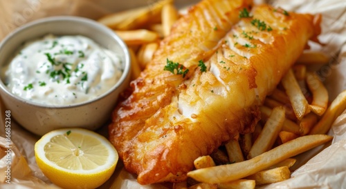 Crispy Fried Fish With Golden French Fries And Creamy Sauce
