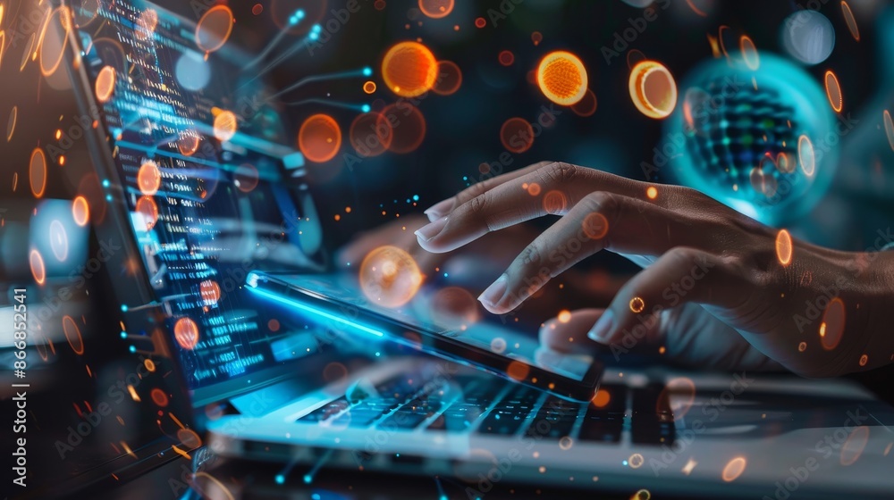 Hands Typing on Laptop with Blurred Lights and Code - Digital Technology Concept Hands Typing on Laptop with Blurred Lights and Code - Digital Technology Concept