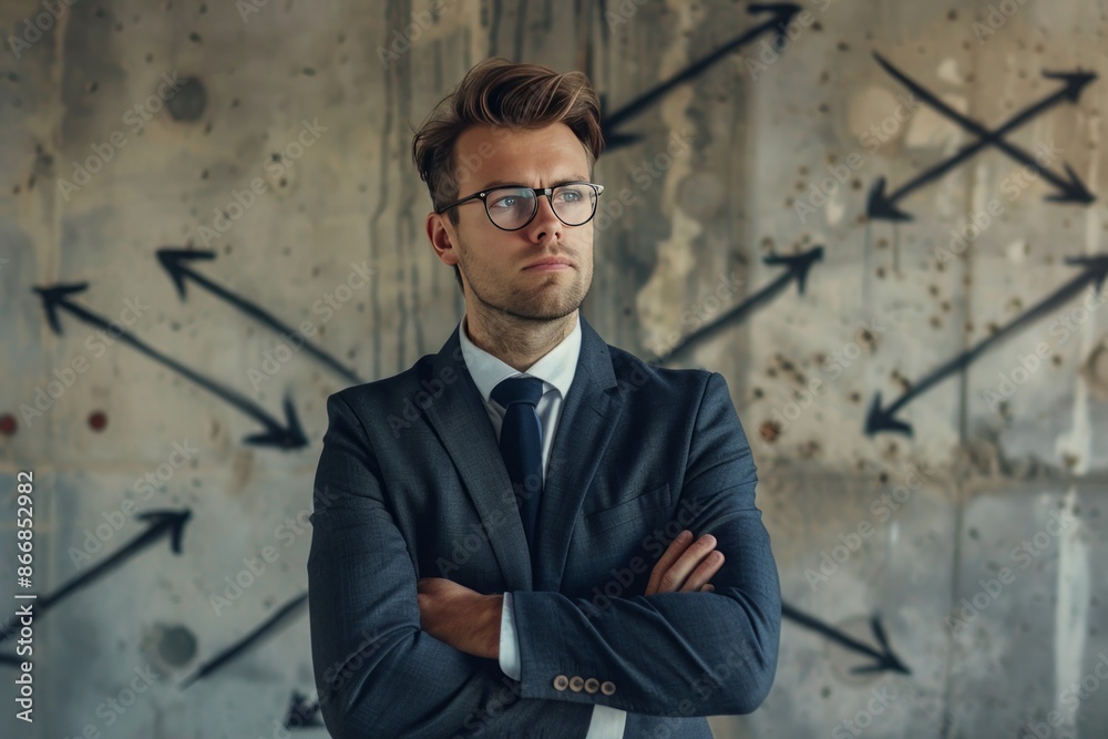 Confident young businessman with a concrete wall featuring a sketched maze of arrows, Confident young businessman with a concrete wall featuring a sketched maze of arrows,