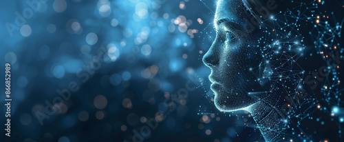 Digital Human Profile Constructed of Abstract Lines and Dots Against a Blue B...