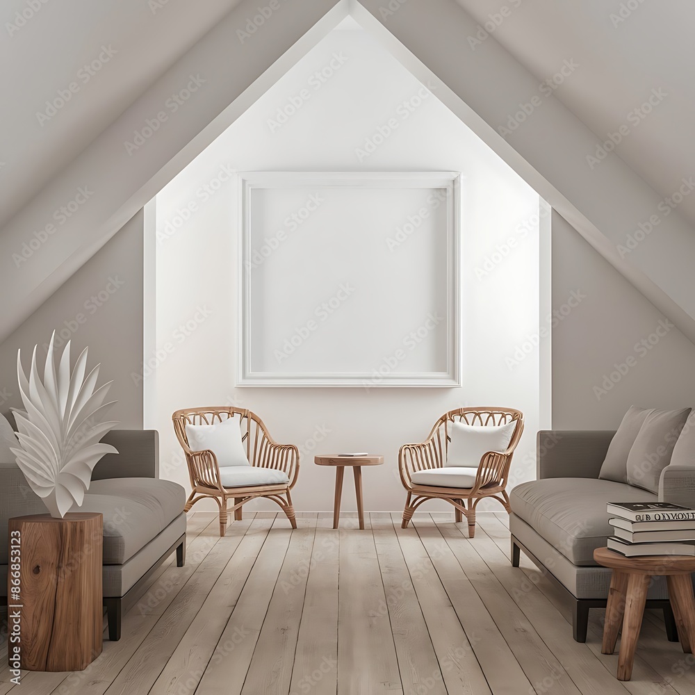 Fototapeta premium mockup poster frame in modern interior background, Room, interior, sofa , bedchamber, 3D render, , living room, Scandinavian style, furniture, home, design, couch, house3D illustration 