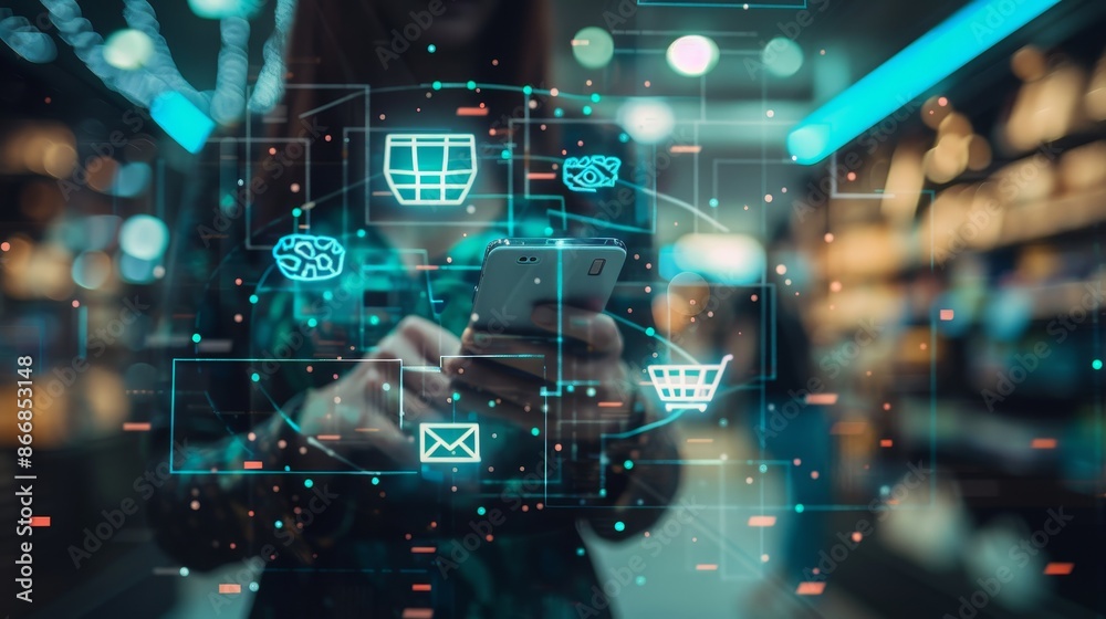 Obraz premium Woman using smartphone with online shopping and social media icons