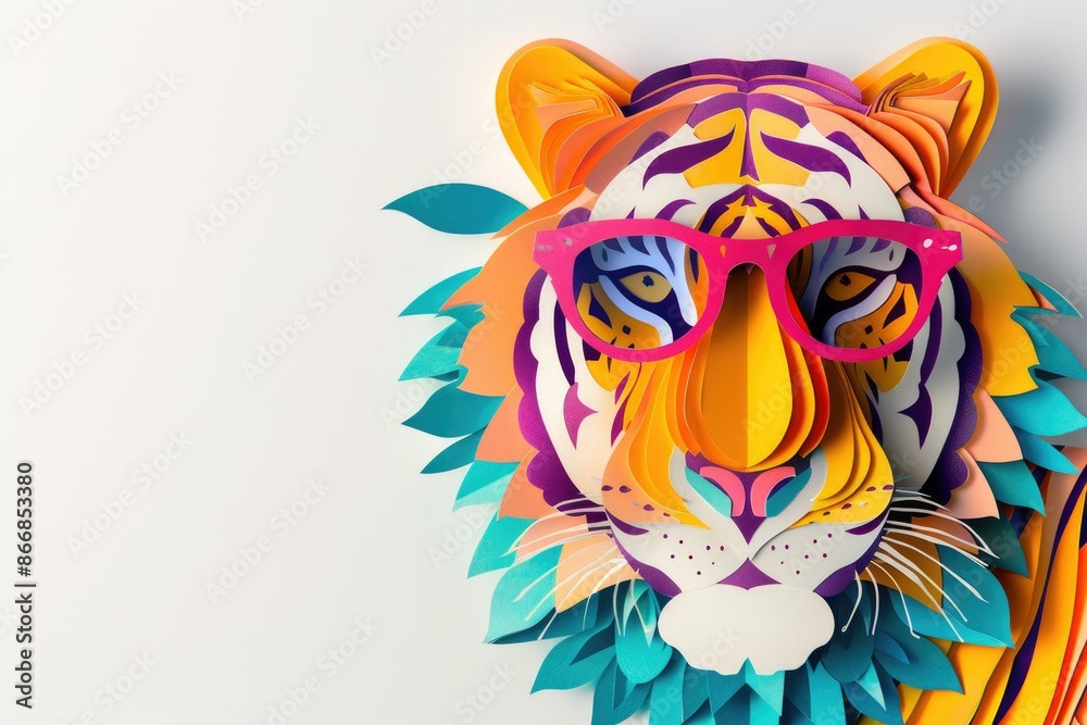 tiger with glasses portrait. .cut paper. applique. children's craft. colored paper. on a white background. animal tiger with glasses portrait. .cut paper. applique. children's craft. colored paper. on a white background. animal
