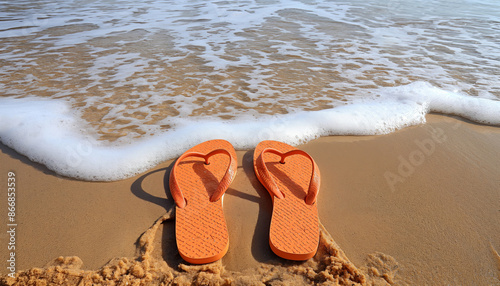A pair of orange flip flops rests on the sandy beach shore as the foamy sea waves gently approach, capturing a serene and peaceful beachfront moment. photo