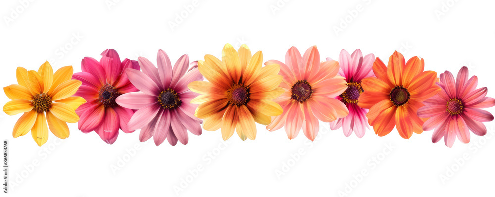 Colorful Daisy Flowers Row, Isolated on White Background, Png File Colorful Daisy Flowers Row, Isolated on White Background, Png File