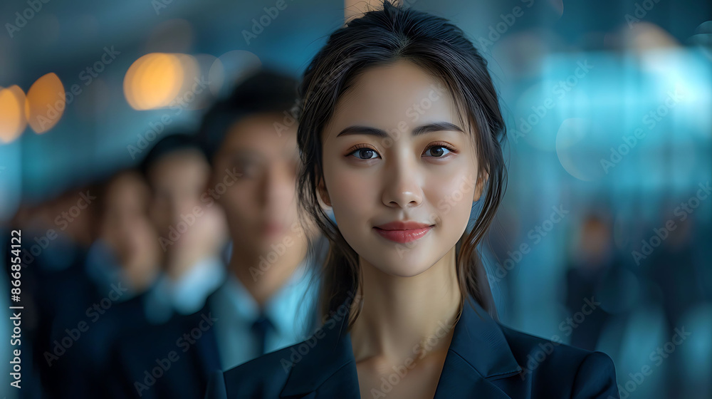 Obraz premium Business leaders developing branding strategies drive market presence customer loyalty visual storytelling infographic visualizations featuring young smiling businessmen businesswomen China America