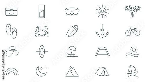 Summer vacation Editable line Icon set. Travel, sea, surfing, beach, hotel, airport, tickets, tour, relax outline icon collection. UI thin outline icons pack.