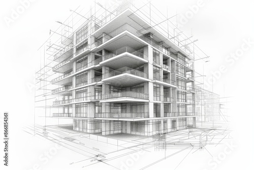 Modern Architecture building construction perspective design, building sketch line drawing on white background photo