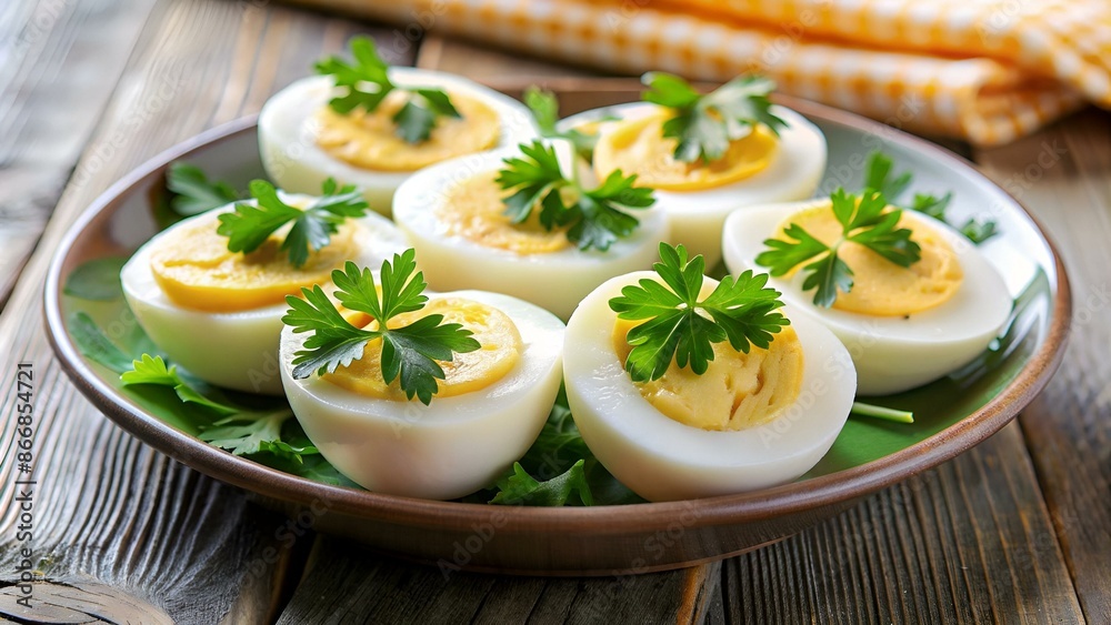 Halved Hard-Boiled Eggs with Parsley on Plate Halved Hard-Boiled Eggs with Parsley on Plate