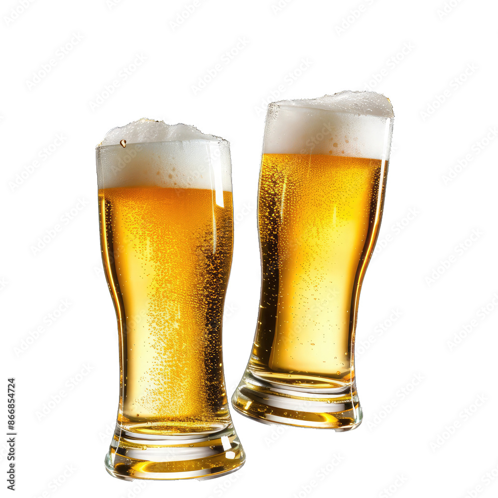 Two Glasses of Beer Toasting, Creating a Dynamic Splash , Highlighting Frothy Liquid and Bubbles.. Isolated on a Transparent Background. Cutout PNG. Two Glasses of Beer Toasting, Creating a Dynamic Splash , Highlighting Frothy Liquid and Bubbles.. Isolated on a Transparent Background. Cutout PNG.