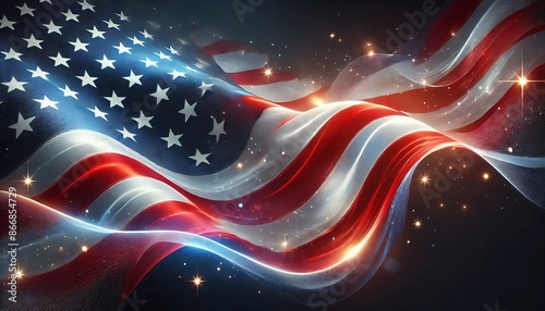 Glowing American flag abstract background with sparkling stars, patriotic theme. Generative AI
