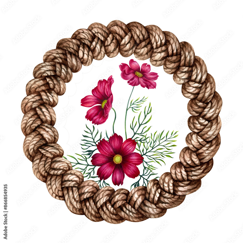 Obraz premium Round wreath of wicker twigs and pink, purple cosmos flowers. Watercolor illustration of round frame template for cards for Mother's Day, Valentine's Day, textile, perfume, aromatherapy, magic