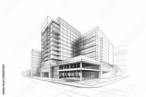 Modern Architecture building construction perspective design, building sketch line drawing on white background