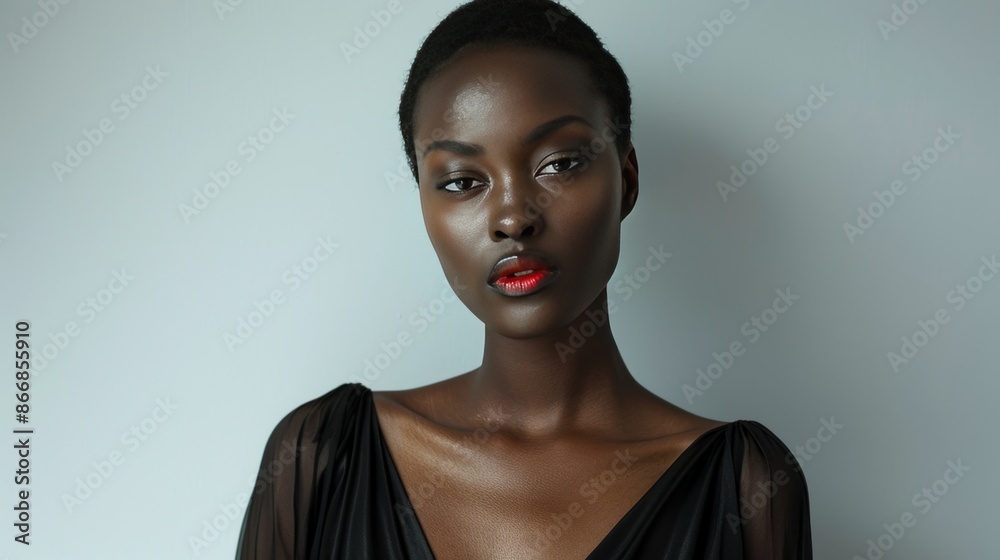 Black model, minimalist white backdrop, stylish black dress, confident pose, Black model, minimalist white backdrop, stylish black dress, confident pose,