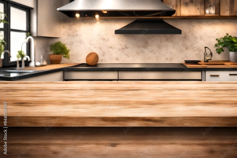 Grunge natural wooden table top with copy space for product advertising over blurred kitchen. Grunge natural wooden table top with copy space for product advertising over blurred kitchen.