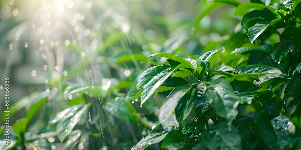 Capturing the automatic sprinkler system watering vibrant green plants with a fine mist in close-up detail. Concept Close-up Photography, Watering System, Green Plants, Vibrant Colors, Fine Mist Capturing the automatic sprinkler system watering vibrant green plants with a fine mist in close-up detail. Concept Close-up Photography, Watering System, Green Plants, Vibrant Colors, Fine Mist