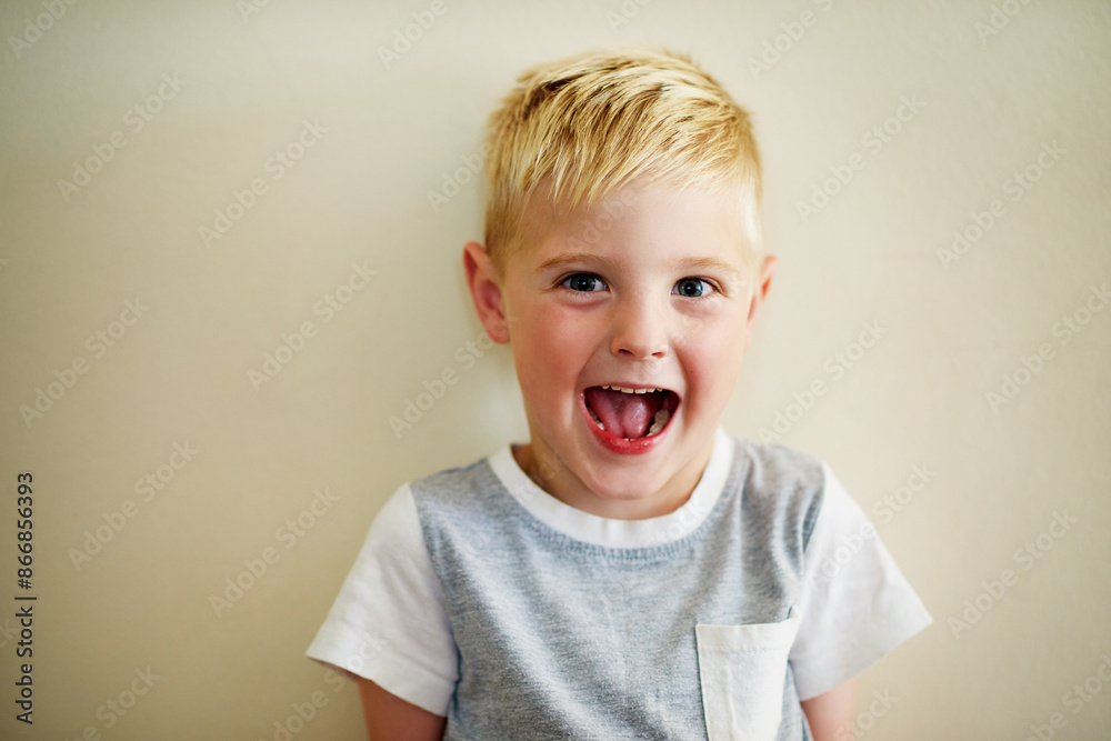 Happy, portrait and boy child in house on wall background for learning, development and morning games at home. Growth, face or excited kid in apartment for fun vacation, holiday or playing on weekend Happy, portrait and boy child in house on wall background for learning, development and morning games at home. Growth, face or excited kid in apartment for fun vacation, holiday or playing on weekend