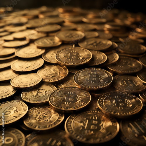 A vibrant digital illustration featuring golden Bitcoin coins with the iconic 