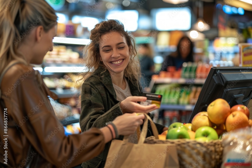 Female customer holding a credit card at a store counter, smiling and handing it to a saleswoman for payment Female customer holding a credit card at a store counter, smiling and handing it to a saleswoman for payment