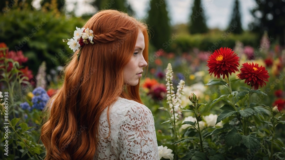 Naklejka premium Red-haired girl in the garden with flowers, half-side, back. Woman with flowers in red hair