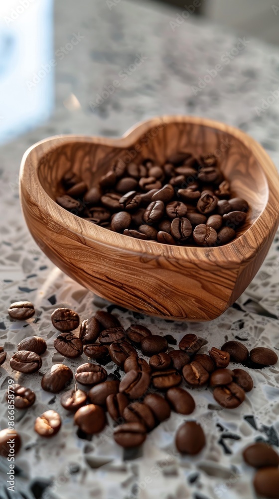 Fototapeta premium Heart-shaped wooden bowl with coffee beans on marble surface, cozy kitchen concept