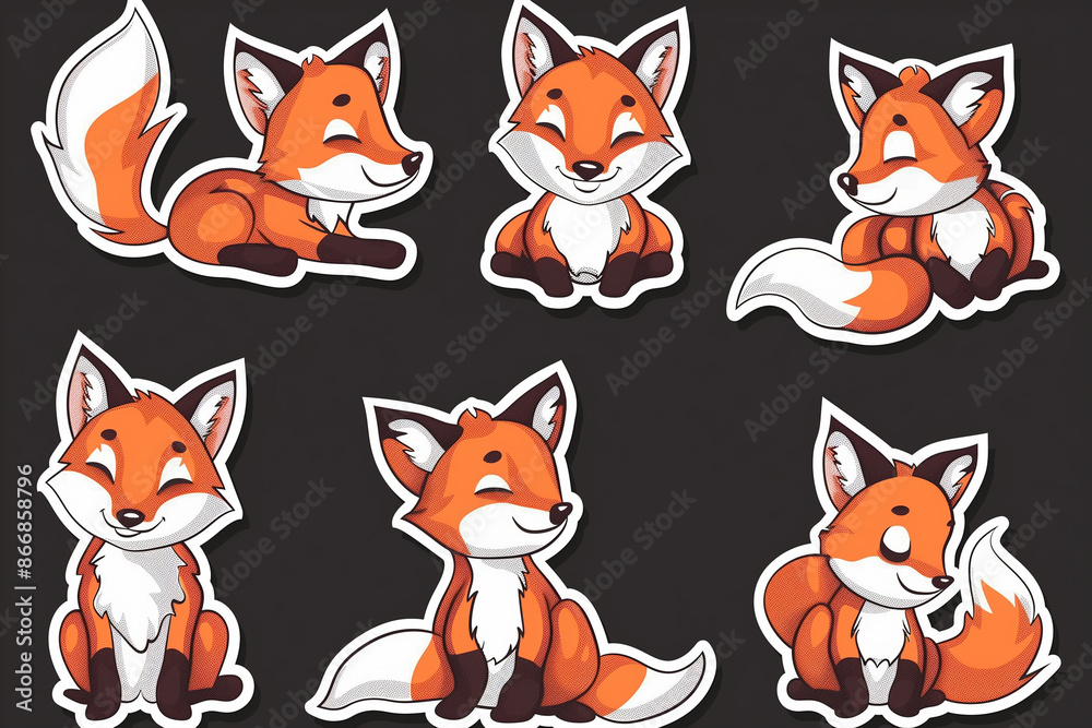 Stickers of fox with fluffy orange fur and a bushy tail Stickers of fox with fluffy orange fur and a bushy tail