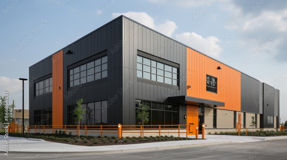 Modern warehouse facade with a small, contemporary office space for a dynamic business setting Modern warehouse facade with a small, contemporary office space for a dynamic business setting