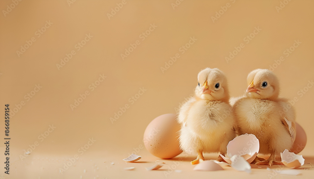 Two cute chicks and pieces of eggshell on beige background, closeup with space for text