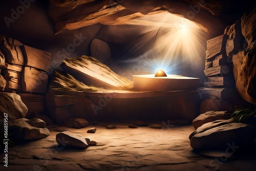 Empty tomb with stone rocky cave and light rays bursting from within.