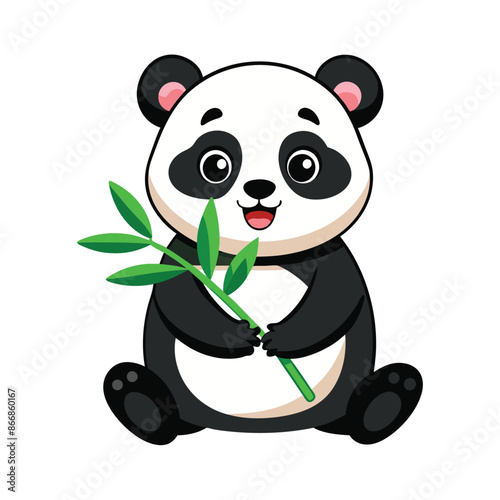 Cartoon funny panda eating bamboo leaves vector