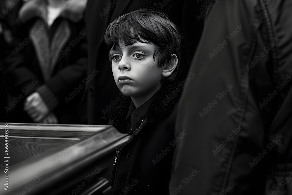 Sad child at funeral in graveyard. Coffin at cemetery for death ceremony and memorial service. Spiritual service or burial. Christian religion. Loss, grief, remembrance and sorrow concept Sad child at funeral in graveyard. Coffin at cemetery for death ceremony and memorial service. Spiritual service or burial. Christian religion. Loss, grief, remembrance and sorrow concept