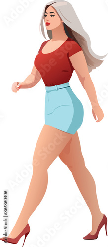 Woman in shorts walks briskly-