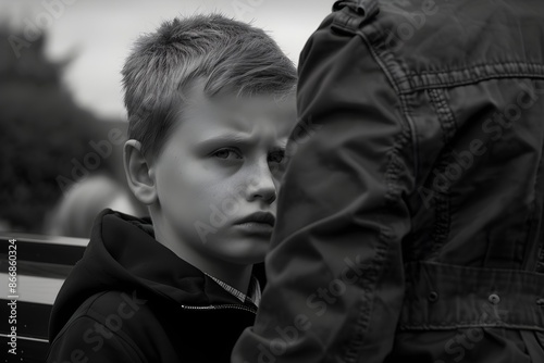 Sad child at funeral in graveyard. Coffin at cemetery for death ceremony and memorial service. Spiritual service or burial. Christian religion. Loss, grief, remembrance and sorrow concept