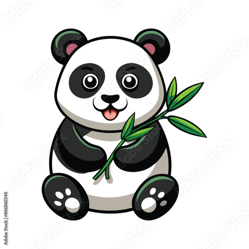 Cartoon funny panda eating bamboo leaves vector © Shajamal