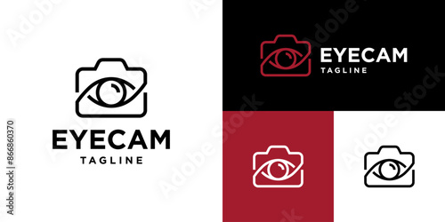 Vector design template of camera logo combined with an eye.
Photography, optics, lens, viewing.
Icon symbol EPS 10.