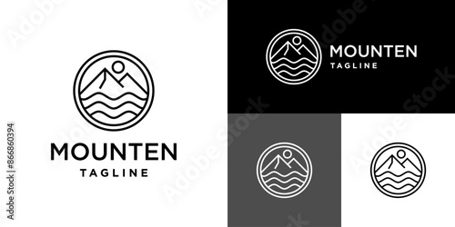 Vector design template of mountains logo in line style.
Views, nature, peaks.
Icon symbol EPS 10. photo