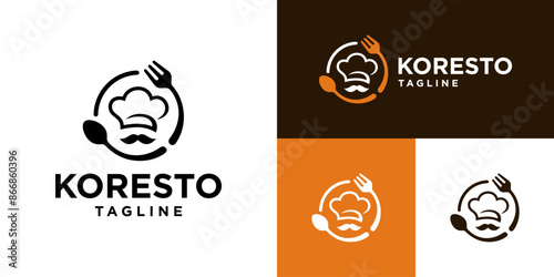 Vector design template of restaurant logo.
Chef hat, spoon, fork, menu, dishes.
Icon symbol EPS 10.