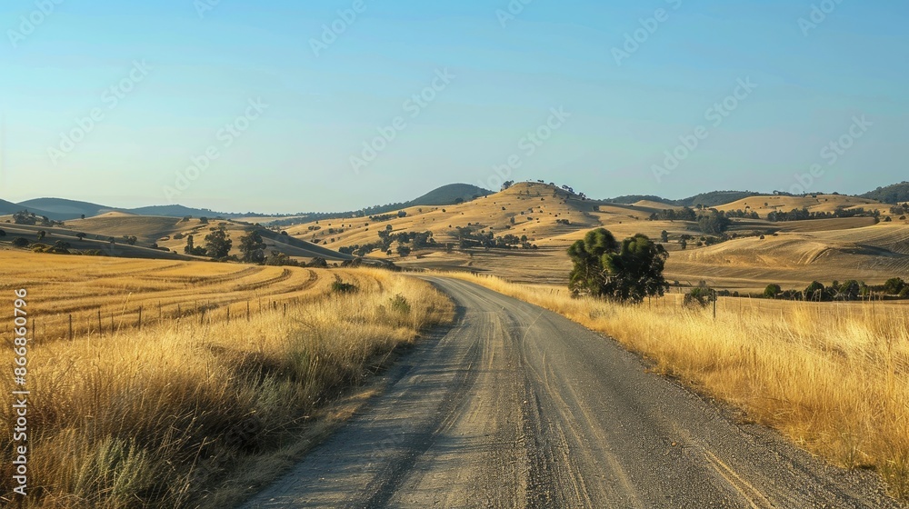 Hills of gold lie next to a rural road under a cloudless sky Hills of gold lie next to a rural road under a cloudless sky