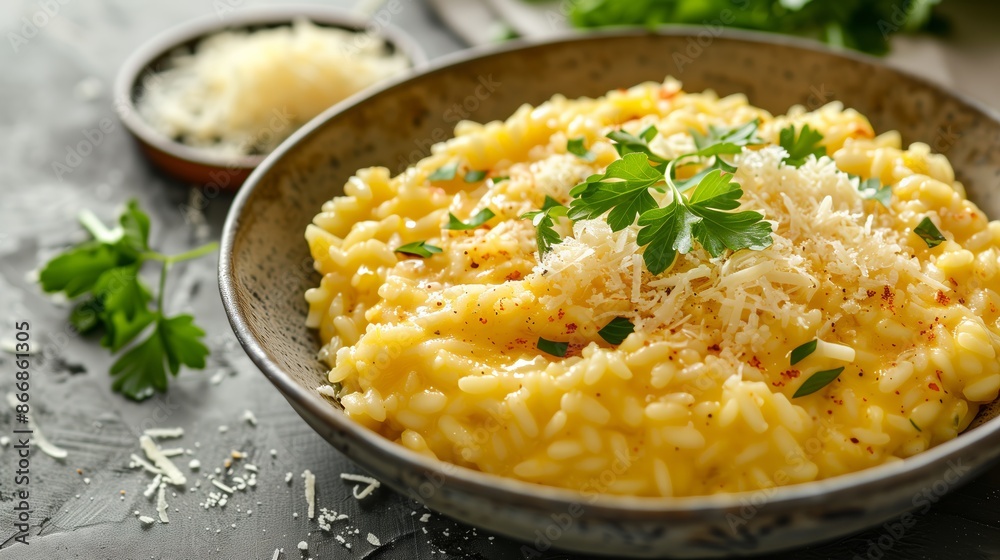Close-Up of Creamy Saffron Risotto with Parmesan and Parsley Close-Up of Creamy Saffron Risotto with Parmesan and Parsley