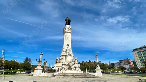 Statue at Praça Marqués de Pombal in Lisbon, Portugal, on a sunny day