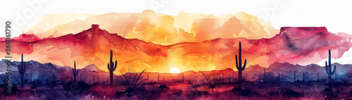 Vibrant watercolor sunset in desert landscape with cacti and mountains in background. Abstract art capturing natural beauty of the Southwest.