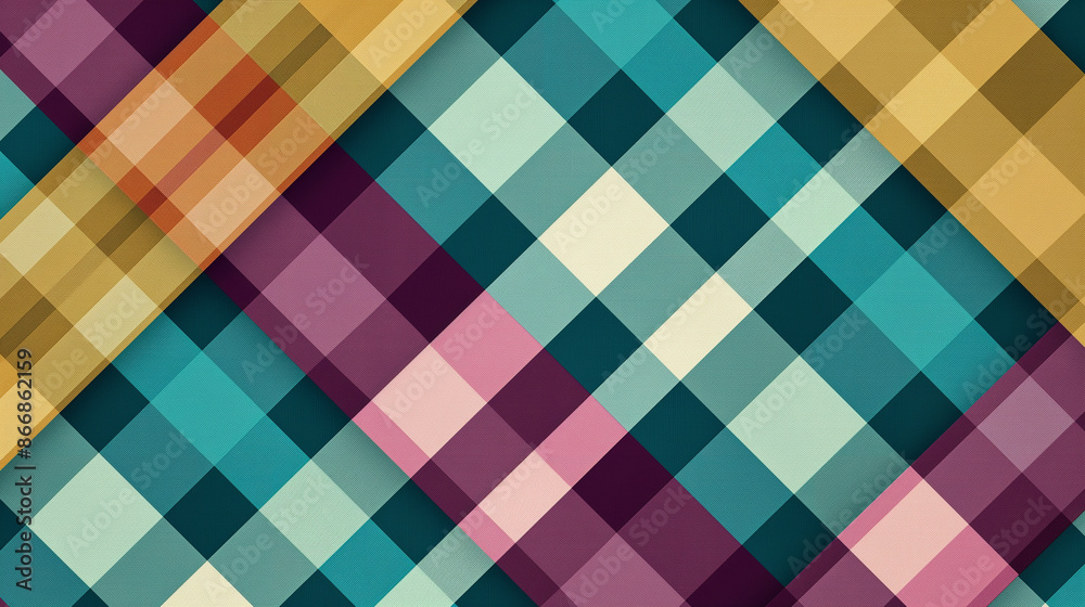 A colorful plaid pattern with blue, pink, and yellow squares A colorful plaid pattern with blue, pink, and yellow squares