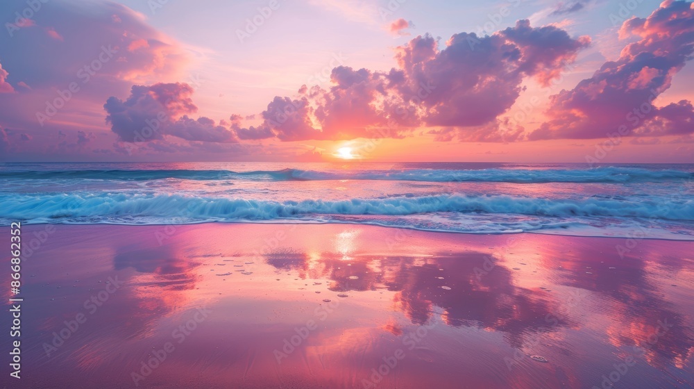 Obraz premium Beautiful sunset at the beach with waves and colorful sky.