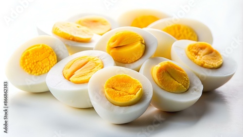 Sliced hard-boiled eggs on a white background, a healthy and nutritious breakfast option with white and yellow portions. photo
