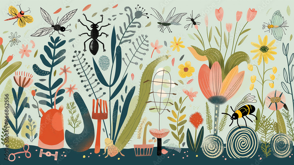 A colorful painting of a garden with various insects and flowers A colorful painting of a garden with various insects and flowers