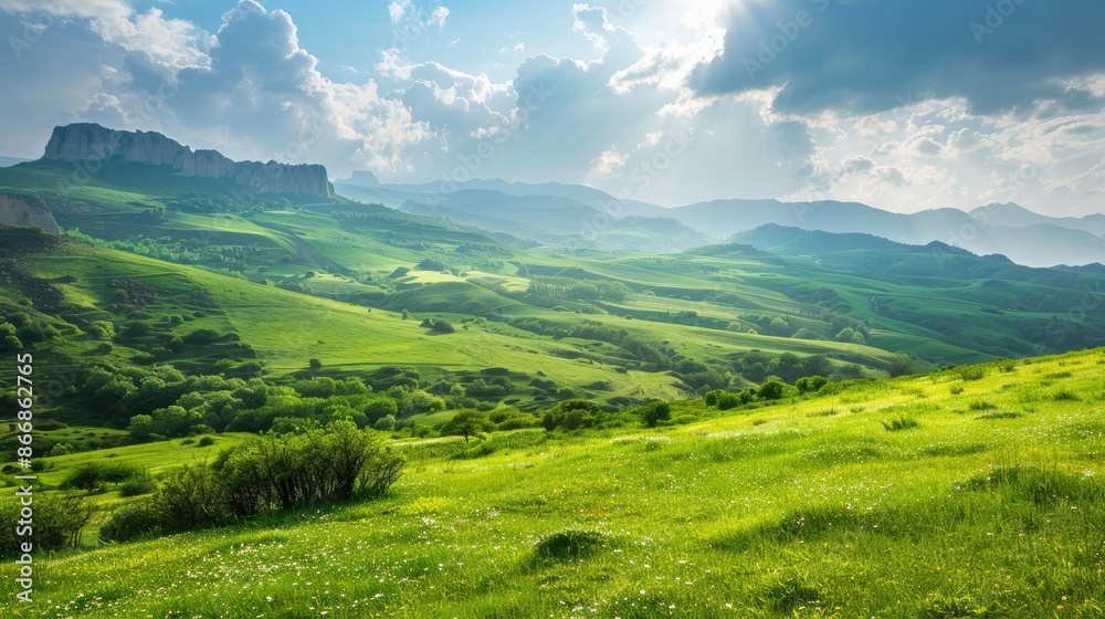 Scenic green meadow with stunning hills and cliffs Scenic green meadow with stunning hills and cliffs