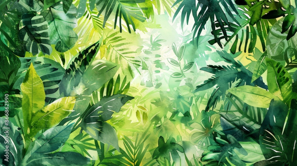 Fototapeta Watercolor painting depicting a lush green tropical rainforest canopy with a variety of leaves and foliage, illuminated by a bright sun in the background