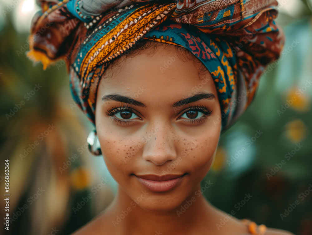 Close-up portrait of African American woman with freckles and headwrap Close-up portrait of African American woman with freckles and headwrap