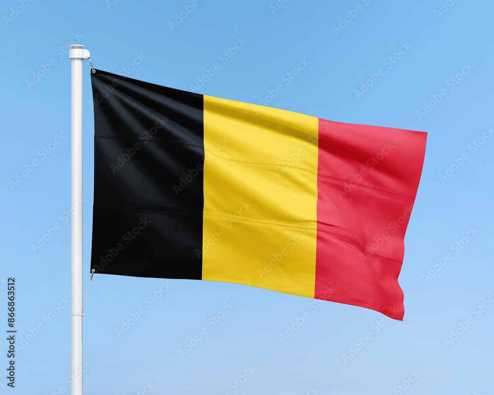 Belgium flag on stick on sky background. Realistic flag illustration Belgium flag on stick on sky background. Realistic flag illustration