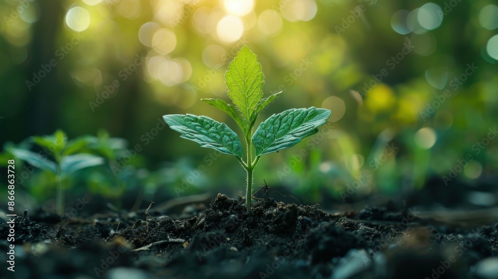 Green plant growing in soil with green nature background. The concept of renewable energy sources Eco Green plant growing in soil with green nature background. The concept of renewable energy sources Eco